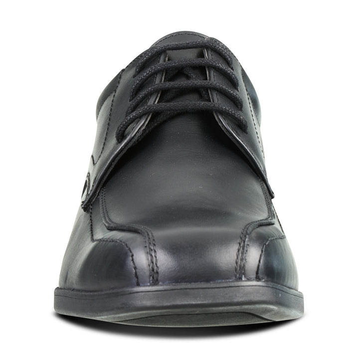 Front of boys black leather school shoe