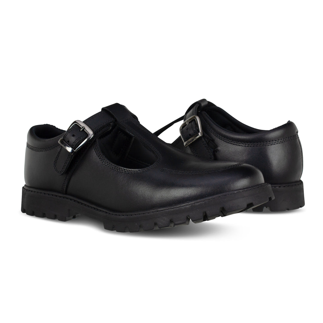 Girls leather buckle fastening black leather school shoes