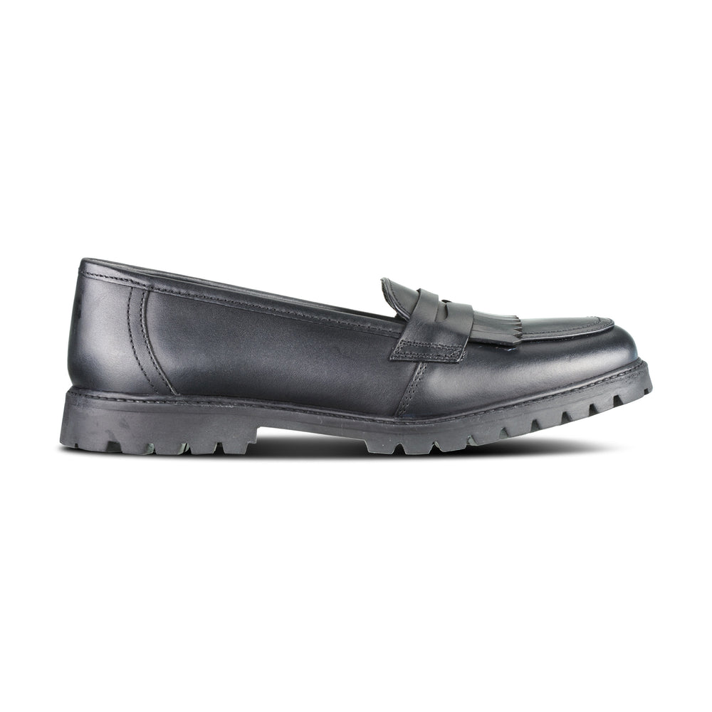 senior school Girls black leather slip on moccasin