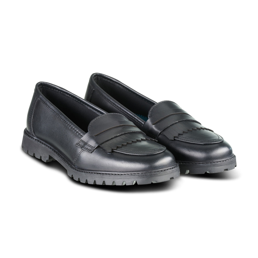 Girls black leather slip on moccasin