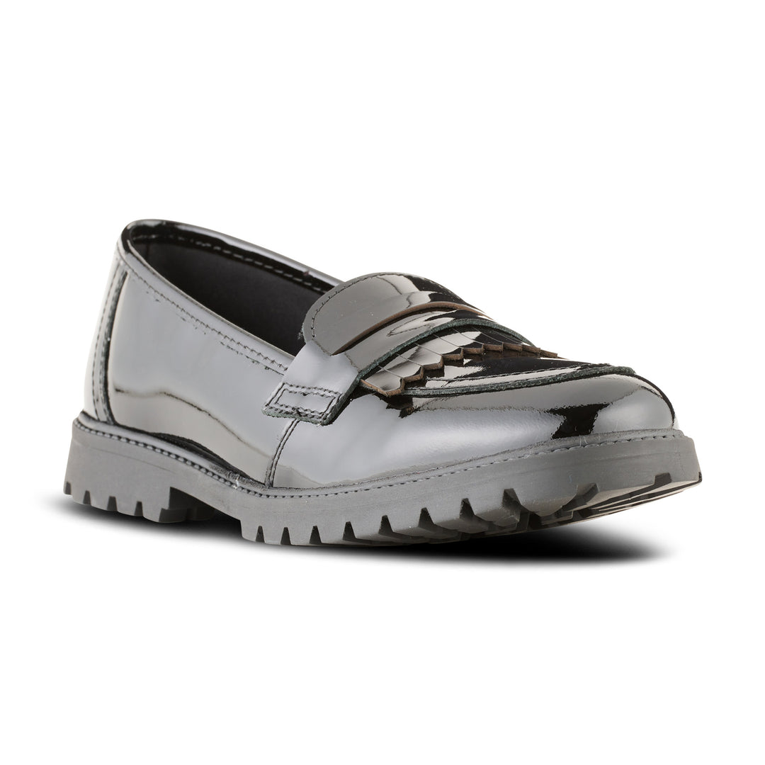 Girls black patent slip on moccasin school shoe
