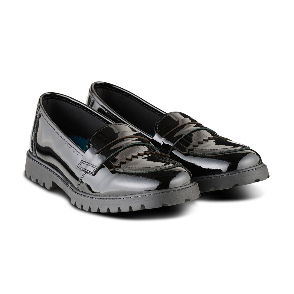 pair of Girls black patent slip on moccasin school shoe 
