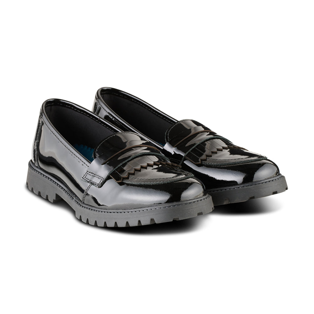 pair of Girls black patent slip on moccasin school shoe