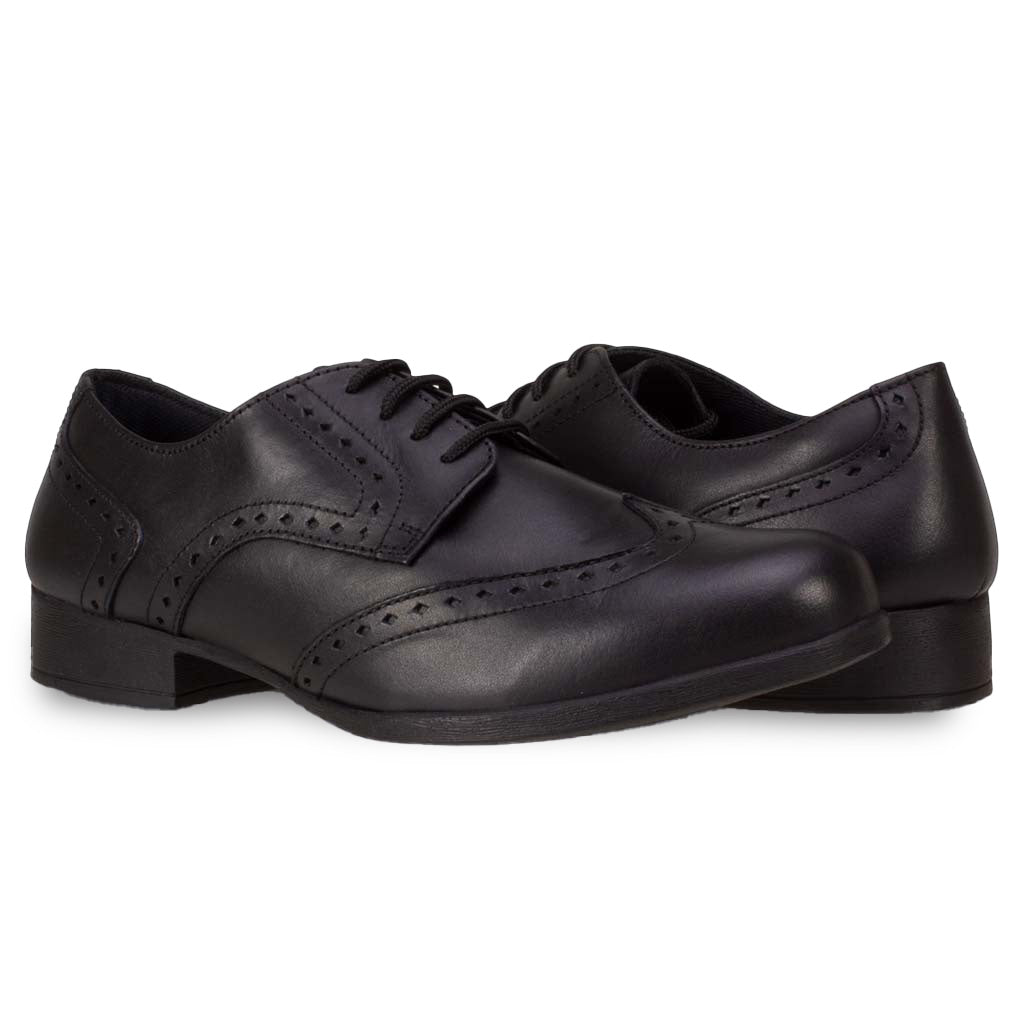 MEGHAN BLACK LEATHER BROGUE LACE UP WIDE FIT - Main Image