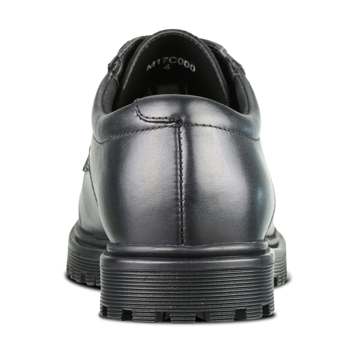 Back of black leather boys school shoe