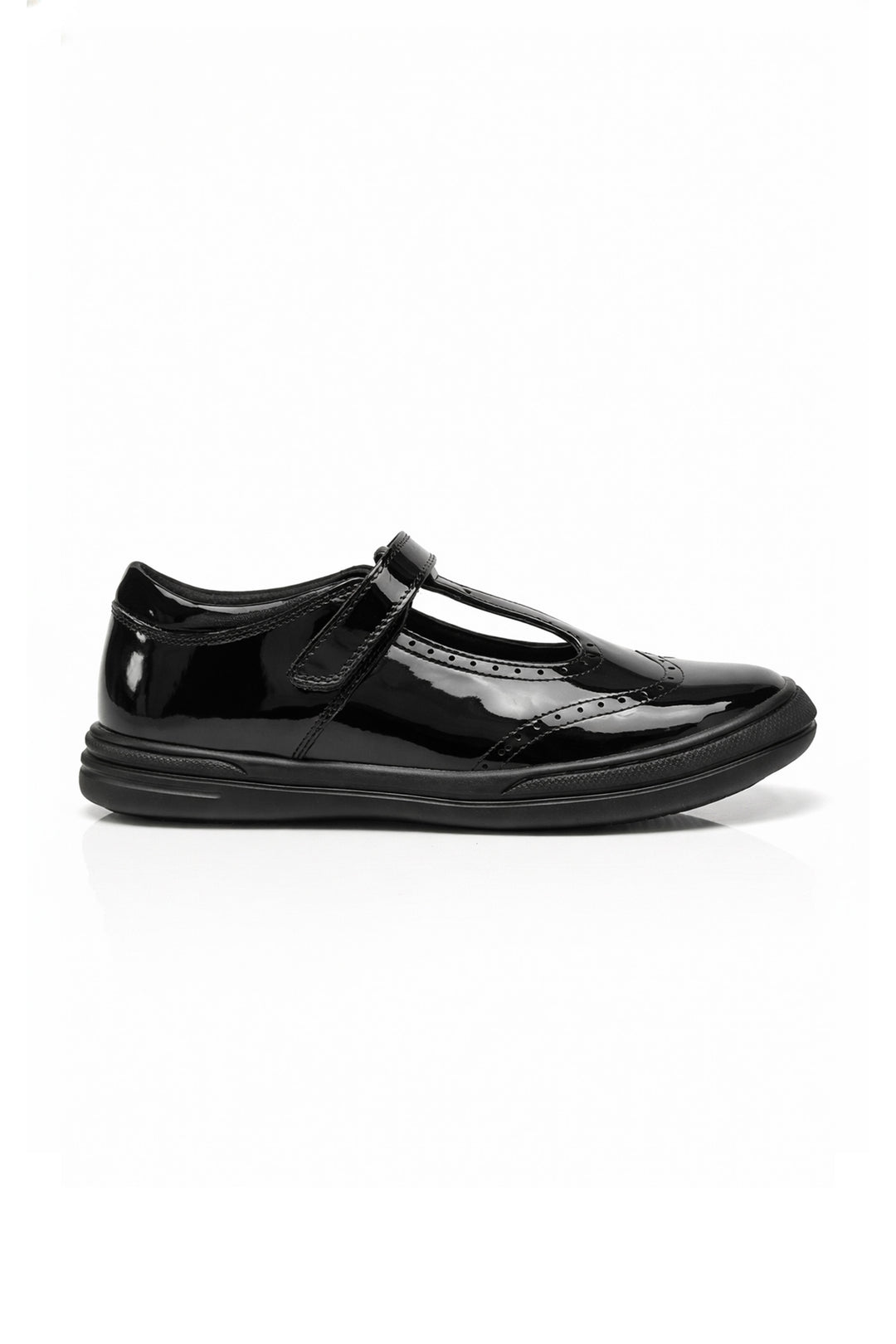 Emeline Girls' Black Patent Touch-Tape T-Bar Brogue School Shoe