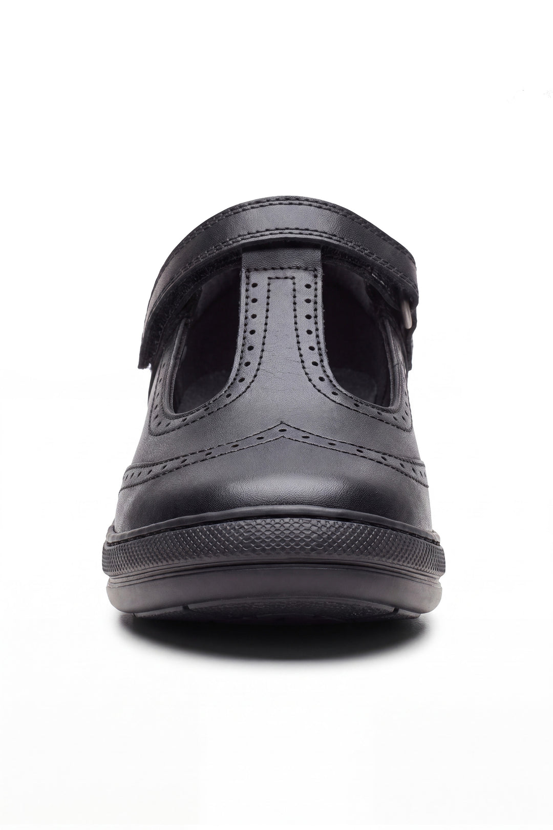 Emeline Girls' Black Leather Touch-Tape T-Bar Brogue School Shoe - Term Footwear 