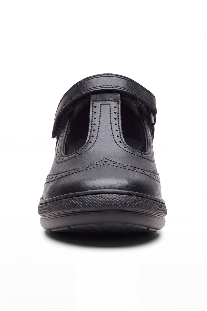 Emeline Girls' Black Leather Touch-Tape T-Bar Brogue School Shoe - Term Footwear 