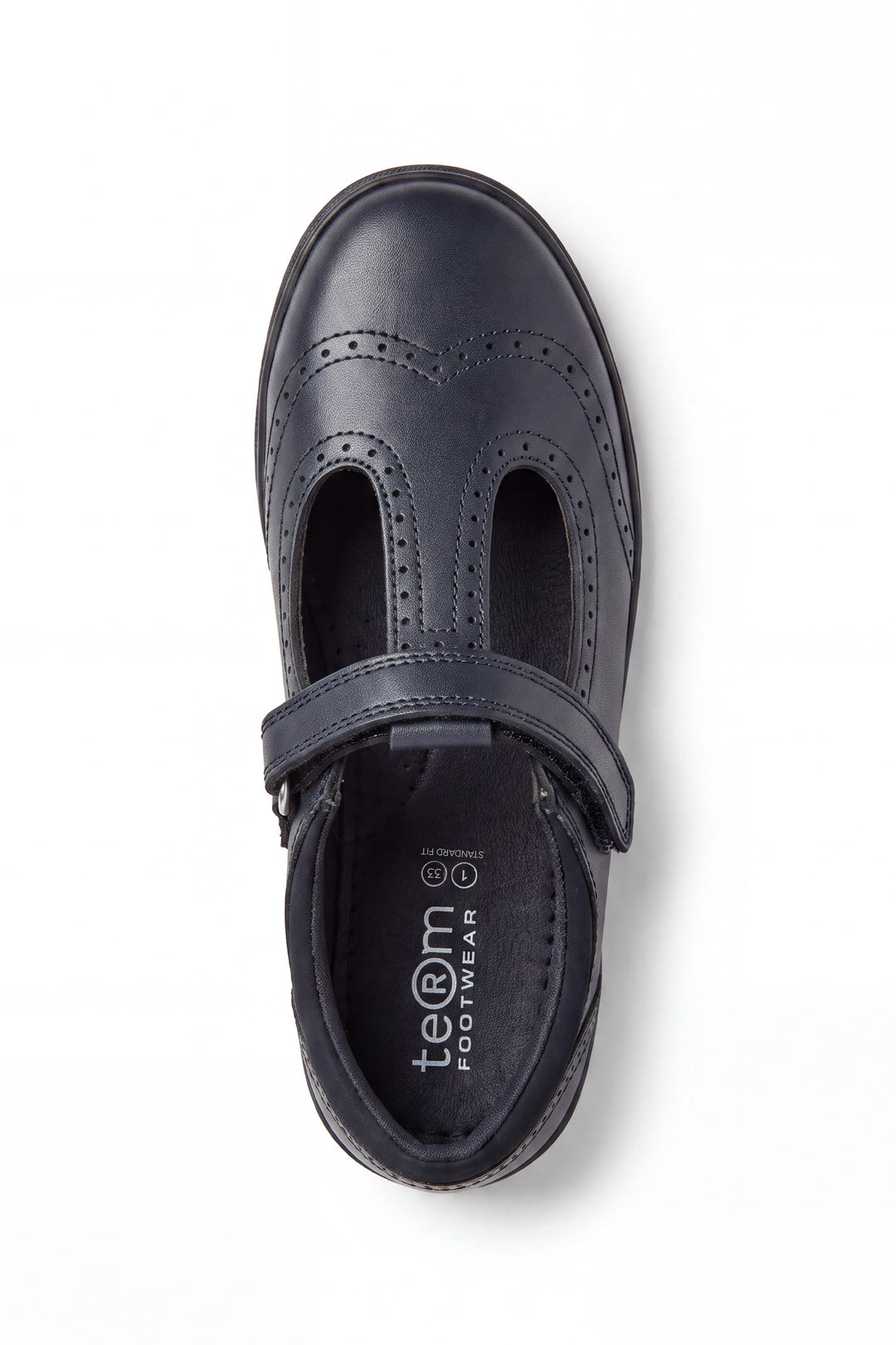 Emeline Girls' Black Leather Touch-Tape T-Bar Brogue School Shoe - Term Footwear 