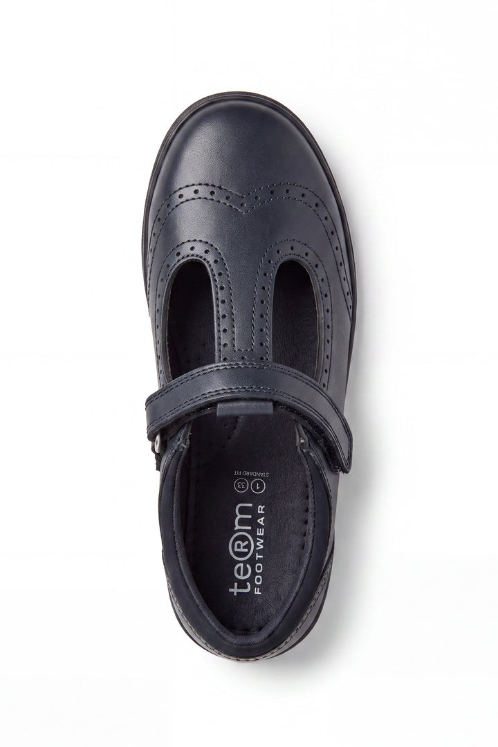 Emeline Girls' Black Leather Touch-Tape T-Bar Brogue School Shoe - Term Footwear 