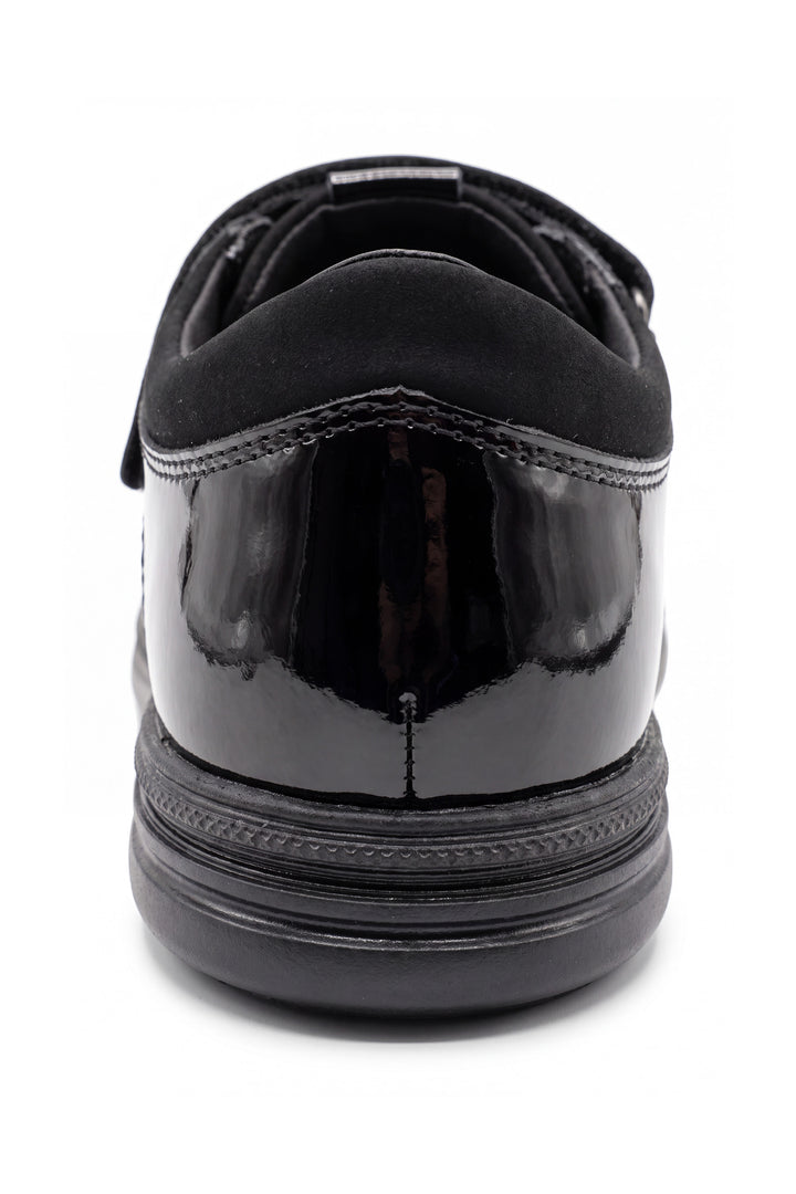 Emeline Girls' Black Patent Touch-Tape T-Bar Brogue School Shoe - Term Footwear 
