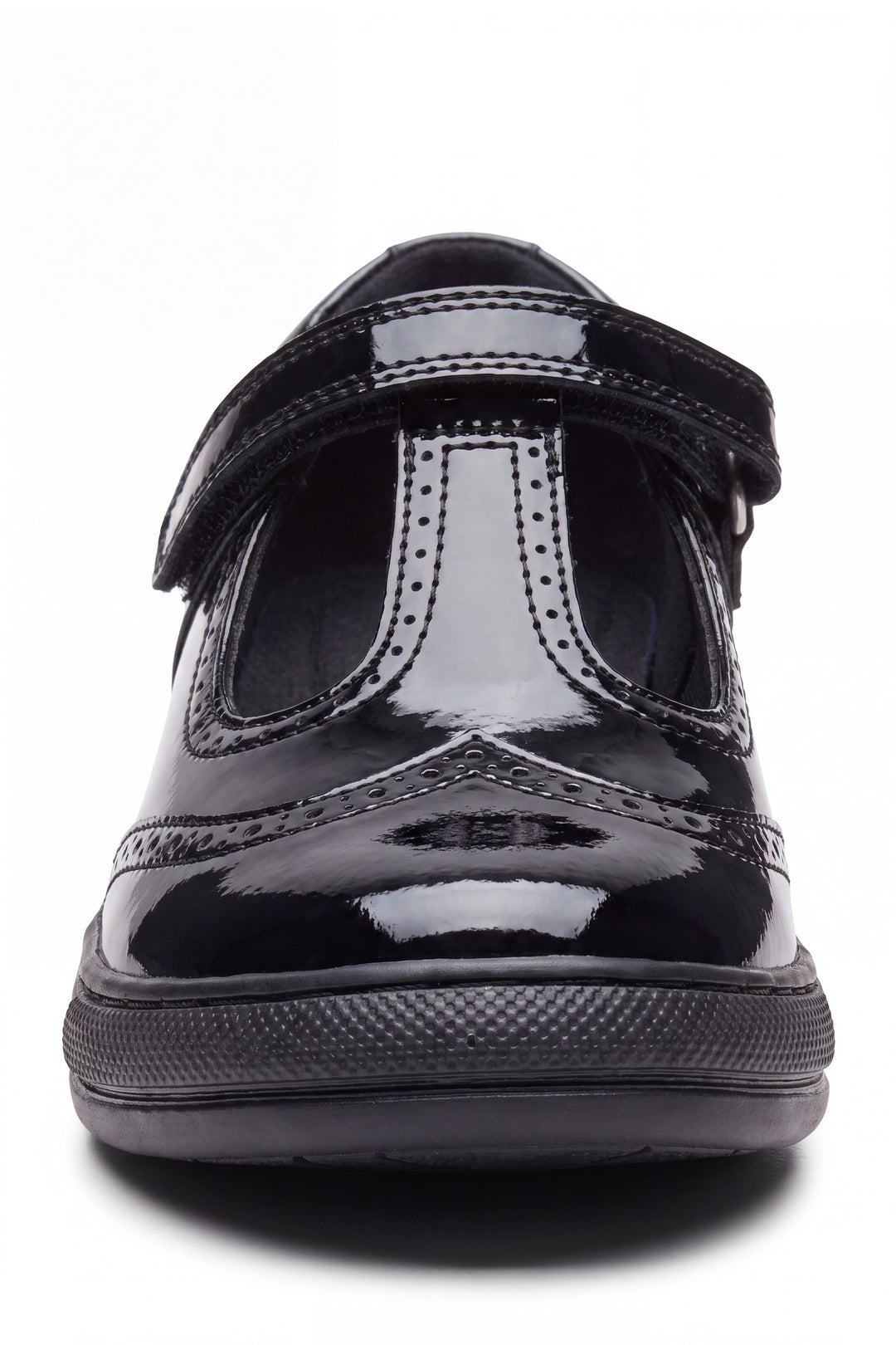 Emeline Girls' Black Patent Touch-Tape T-Bar Brogue School Shoe - Term Footwear 