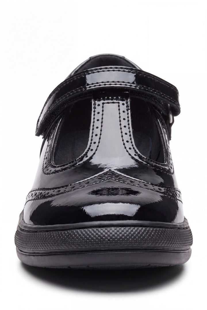 Emeline Girls' Black Patent Touch-Tape T-Bar Brogue School Shoe - Term Footwear 