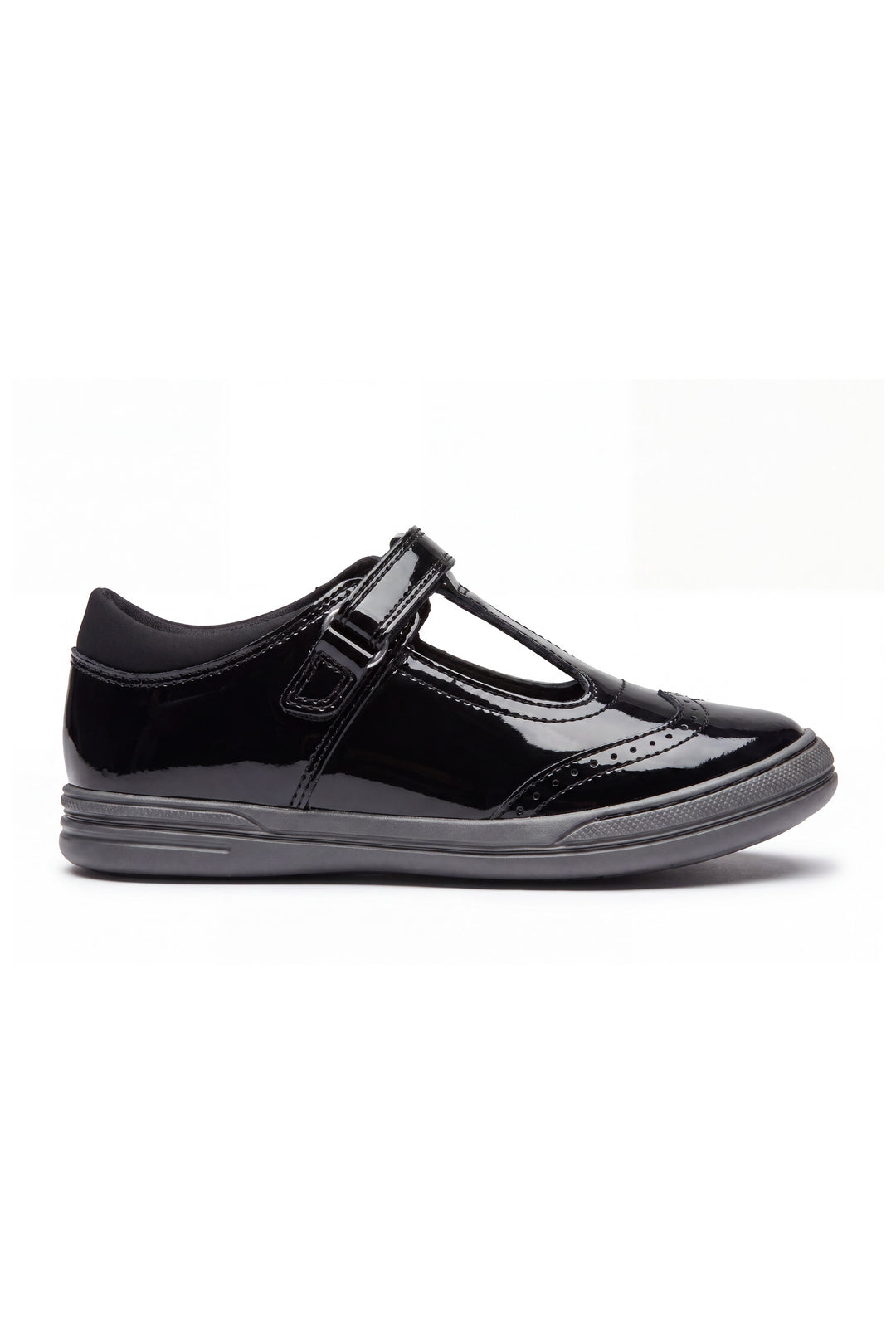 Emeline Girls' Black Patent Touch-Tape T-Bar Brogue School Shoe - Term Footwear 