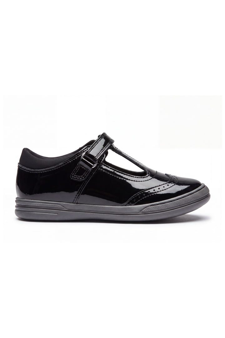 Emeline Girls' Black Patent Touch-Tape T-Bar Brogue School Shoe - Term Footwear 