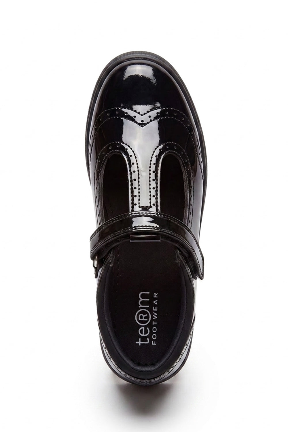 Emeline Girls' Black Patent Touch-Tape T-Bar Brogue School Shoe - Term Footwear 