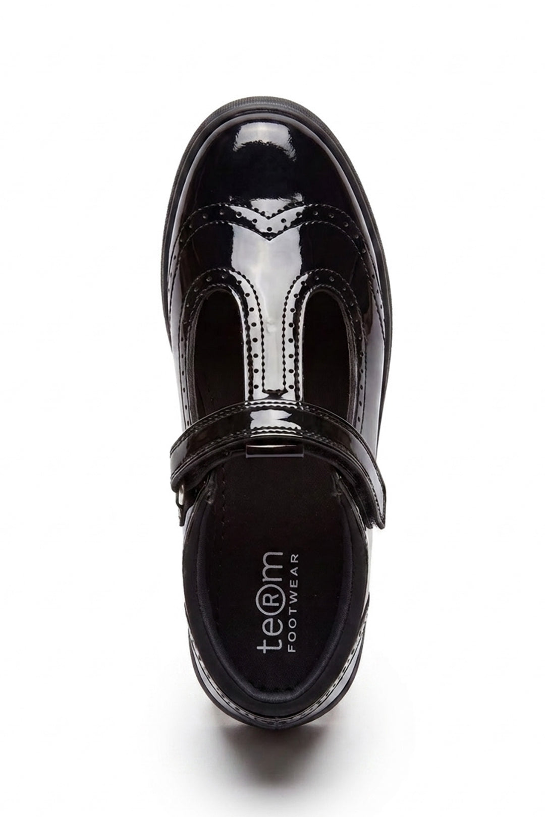Emeline Girls' Black Patent Touch-Tape T-Bar Brogue School Shoe - Term Footwear 