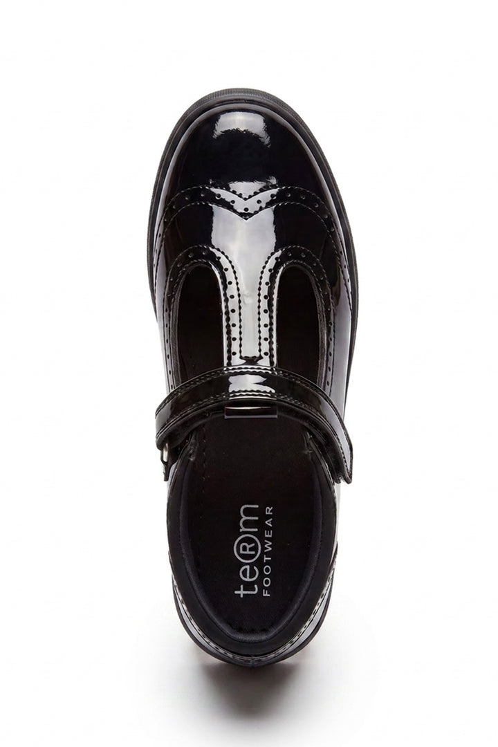 Emeline Girls' Black Patent Touch-Tape T-Bar Brogue School Shoe - Term Footwear 