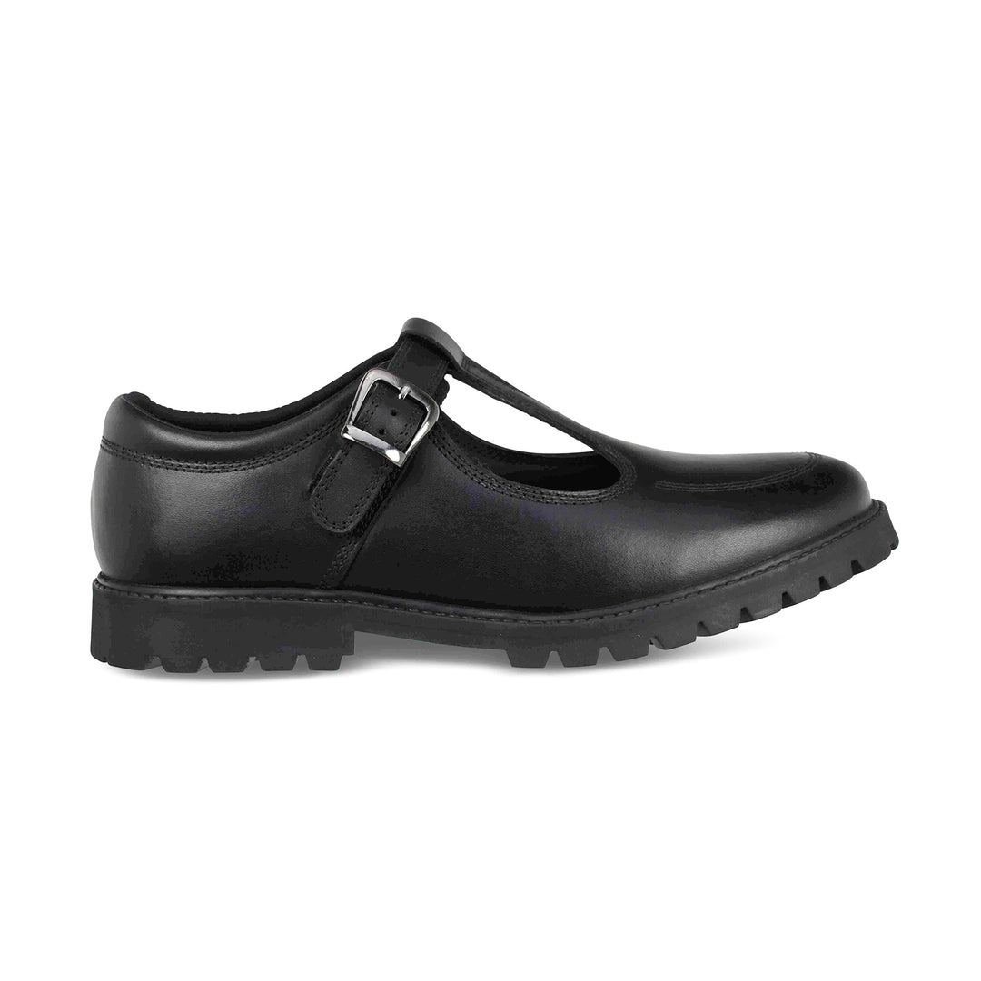 side of Girls leather buckle fastening black leather school shoes
