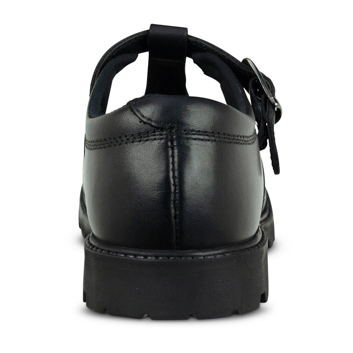 back of Girls leather buckle fastening black leather school shoes