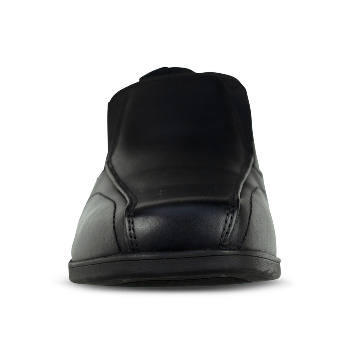 Front of Boys slip on black leather school shoes