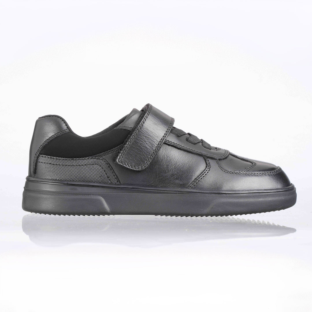 side of boys black leather touch tape school shoes