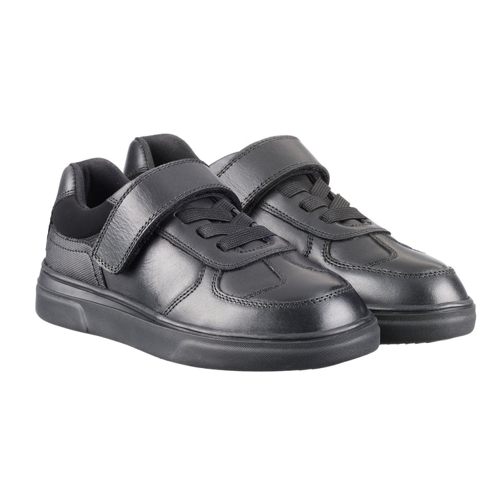 boys leather athletic lace up with tough tape strap black school shoes