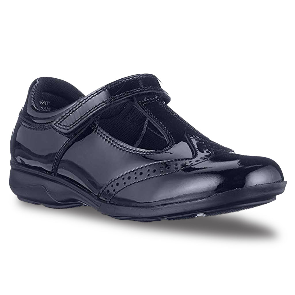 Girls Velcro t-bar black patent school shoe