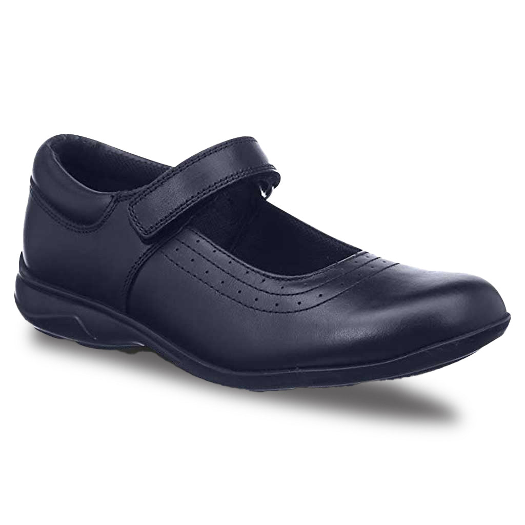 Kate single strap touch tape black leather school shoes for girls