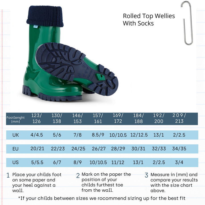 Green kids welly boot size guide