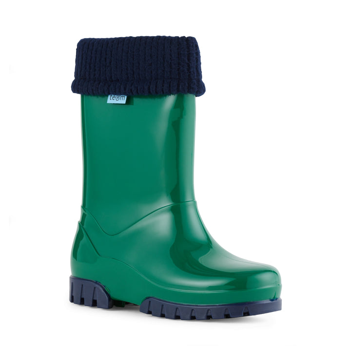 green Kids roll top wellies with non slip sole