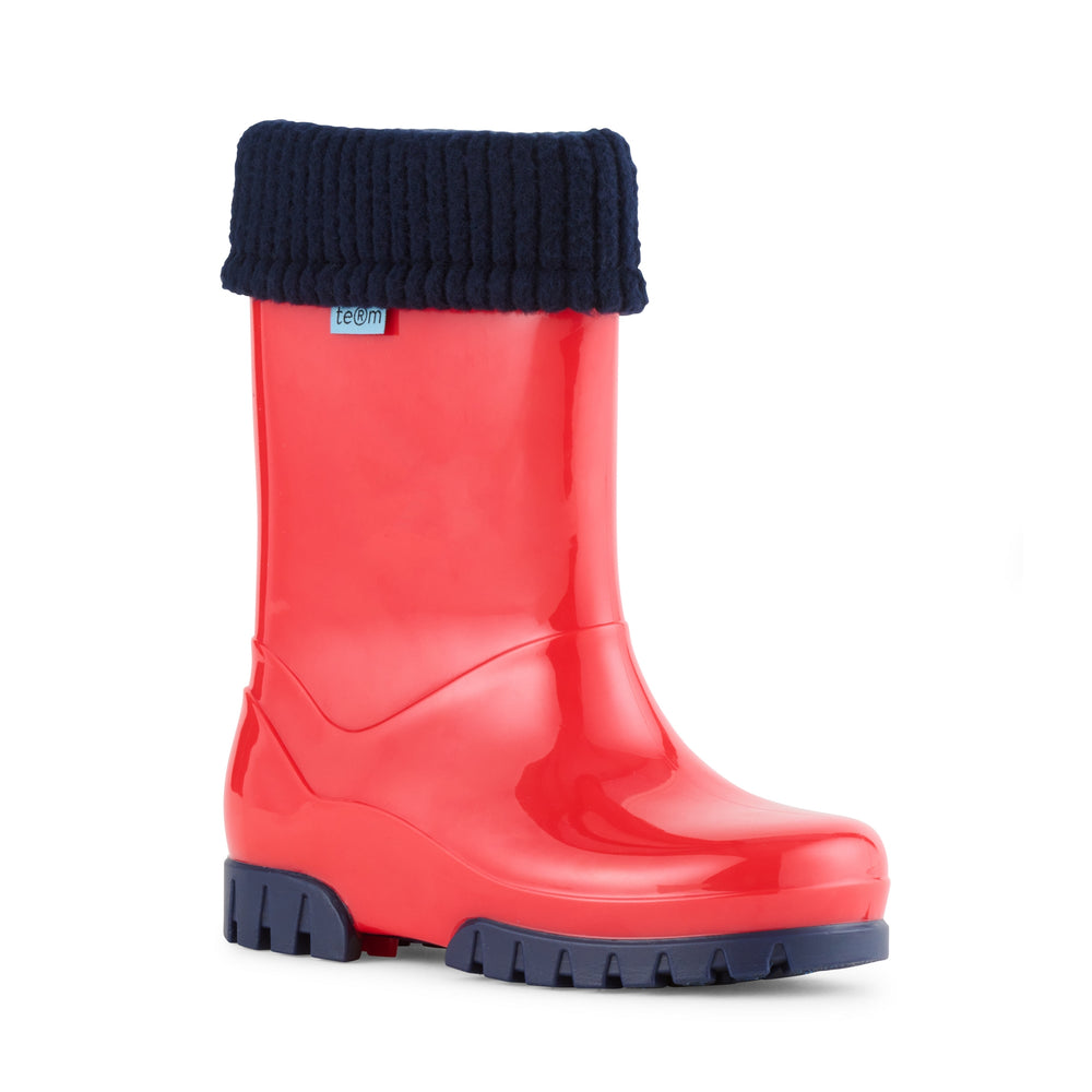 Children's red welly boot with fitted sock