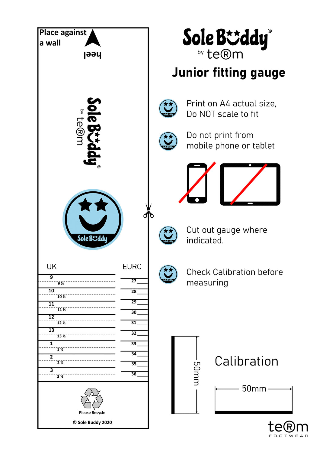 Printable juniors schools shoe home fitting guide and gauge