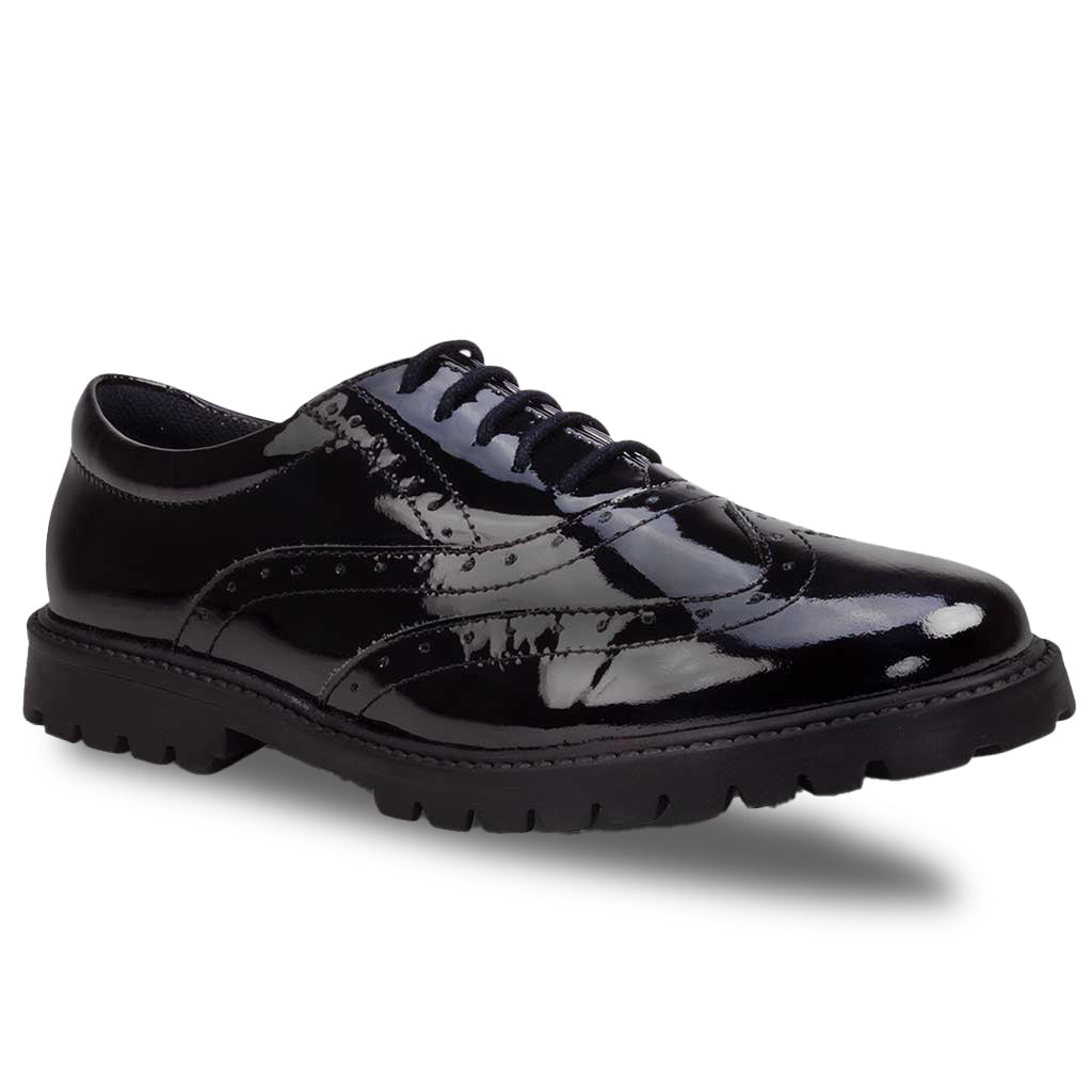 SOPHIA BLACK PATENT LEATHER BROGUE LACE UP CHUNKY SOLE - Term Footwear