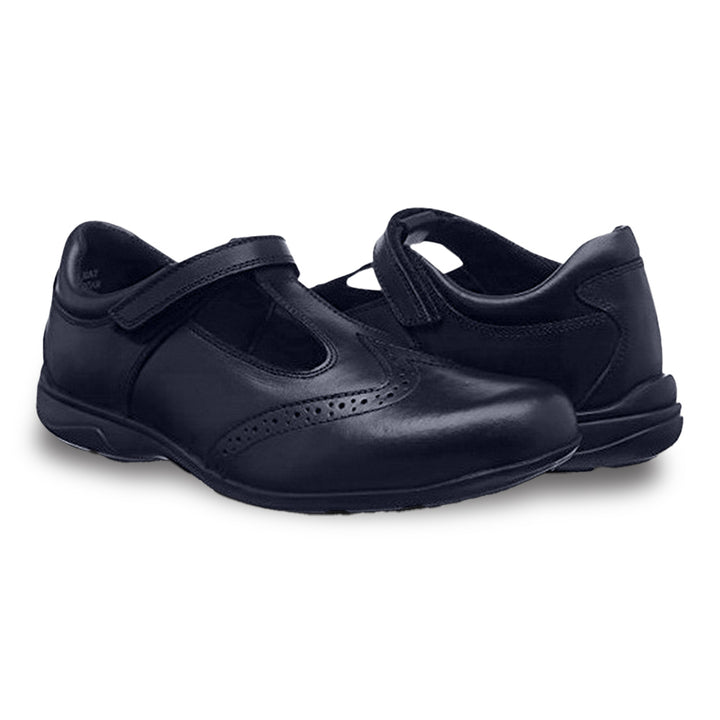 Girls T bar style black leather school shoes