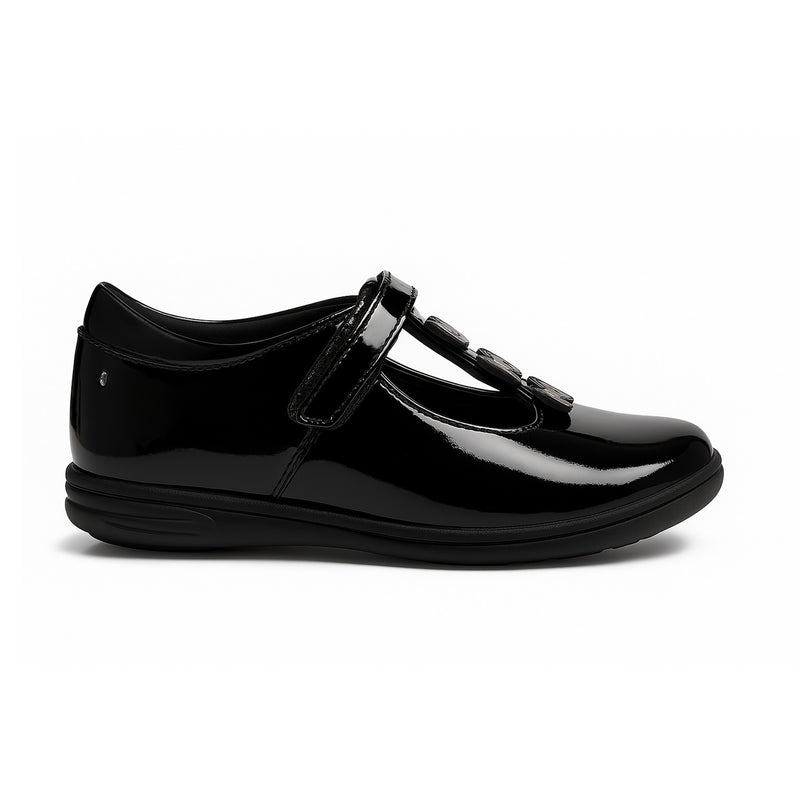 Vanessa Girls' Black Patent Butterfly T-Bar School Shoe