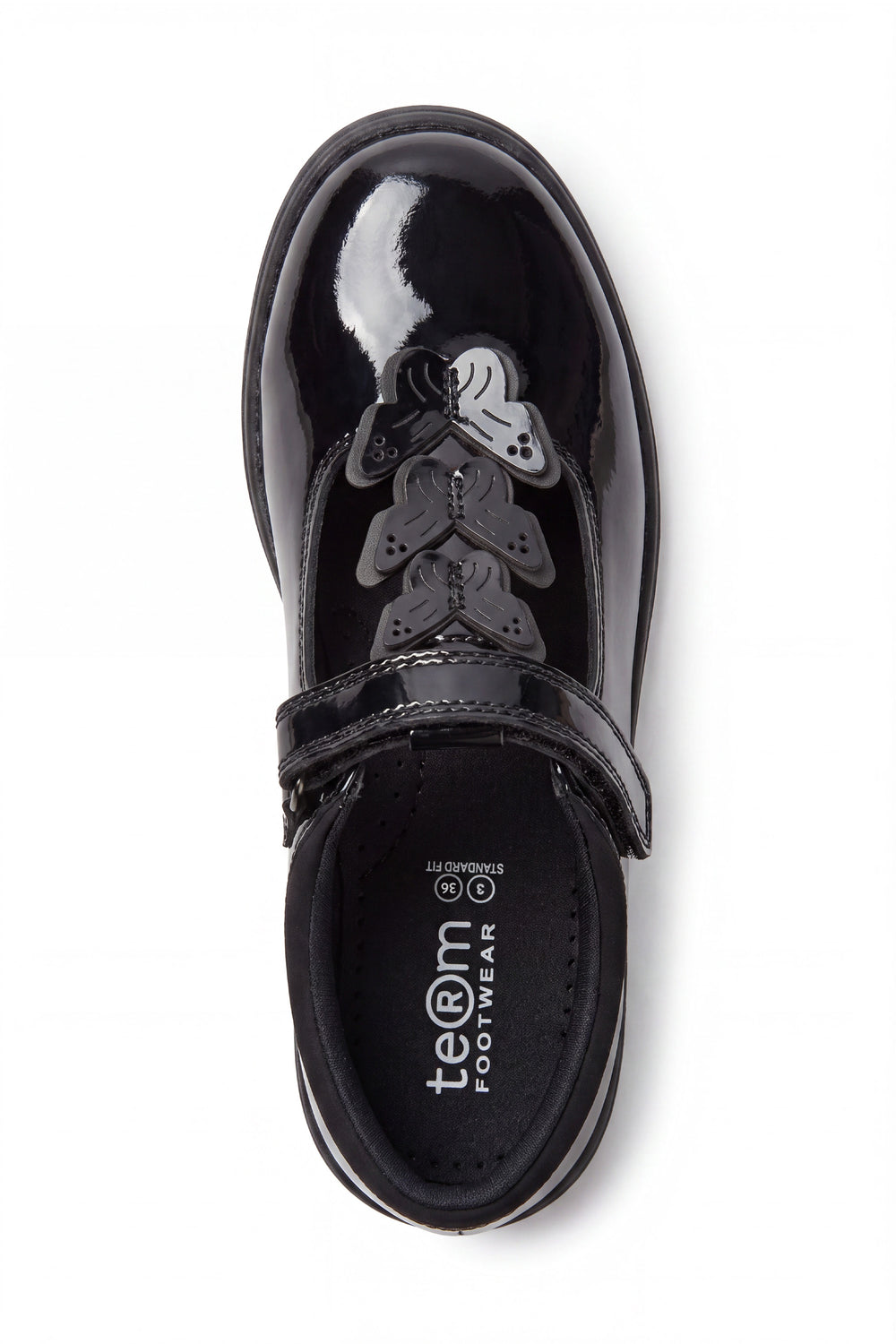 Vanessa Girls' Black Patent Butterfly T-Bar School Shoe - Term Footwear 