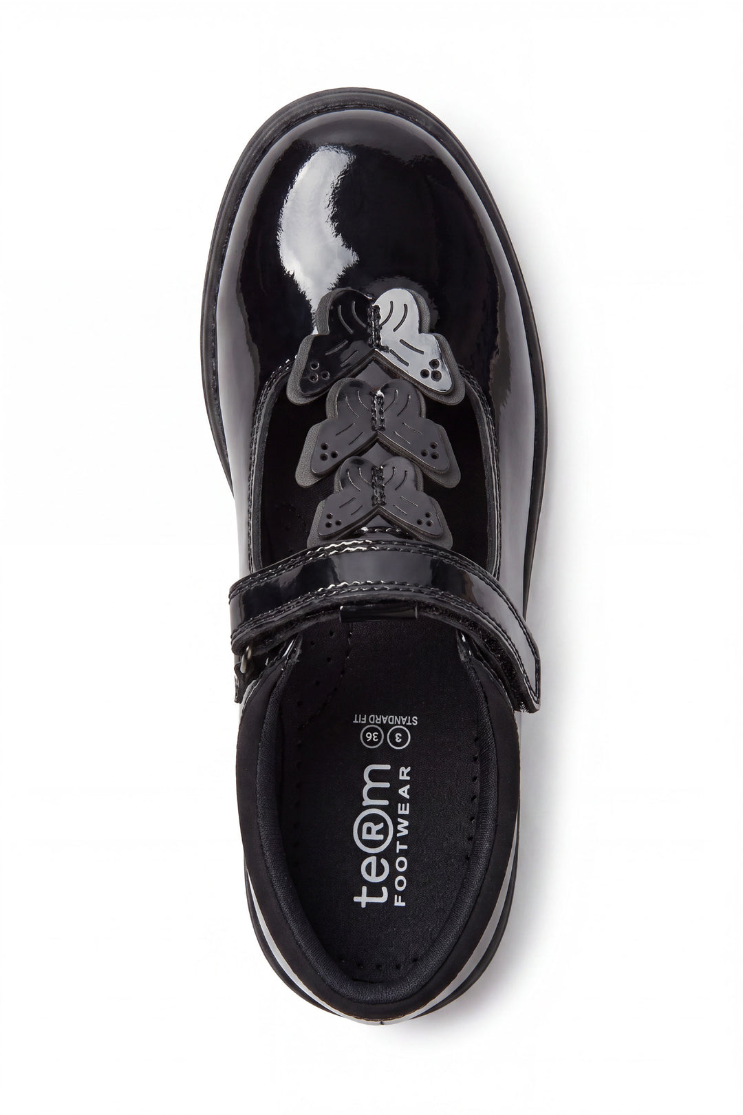Vanessa Girls' Black Patent Butterfly T-Bar School Shoe - Term Footwear 