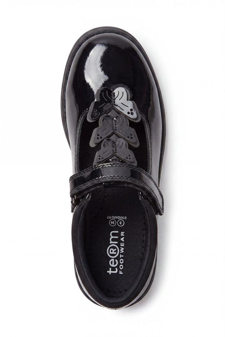 Vanessa Girls' Black Patent Butterfly T-Bar School Shoe - Term Footwear 