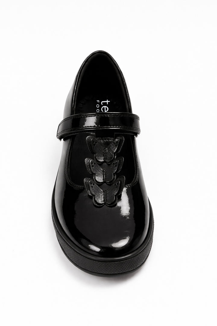 Vanessa Girls' Black Patent Butterfly T-Bar School Shoe - Term Footwear 