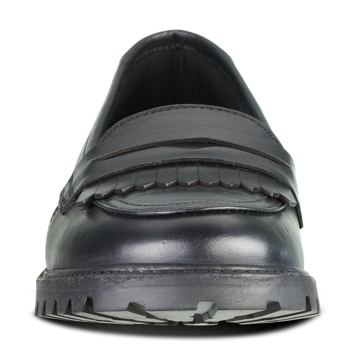 front of Girls black leather slip on moccasin 