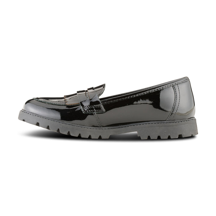 polished Girls black patent slip on moccasin school shoe 