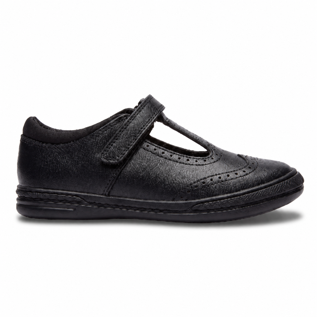 Emeline Girls' Black Leather Touch-Tape T-Bar Brogue School Shoe
