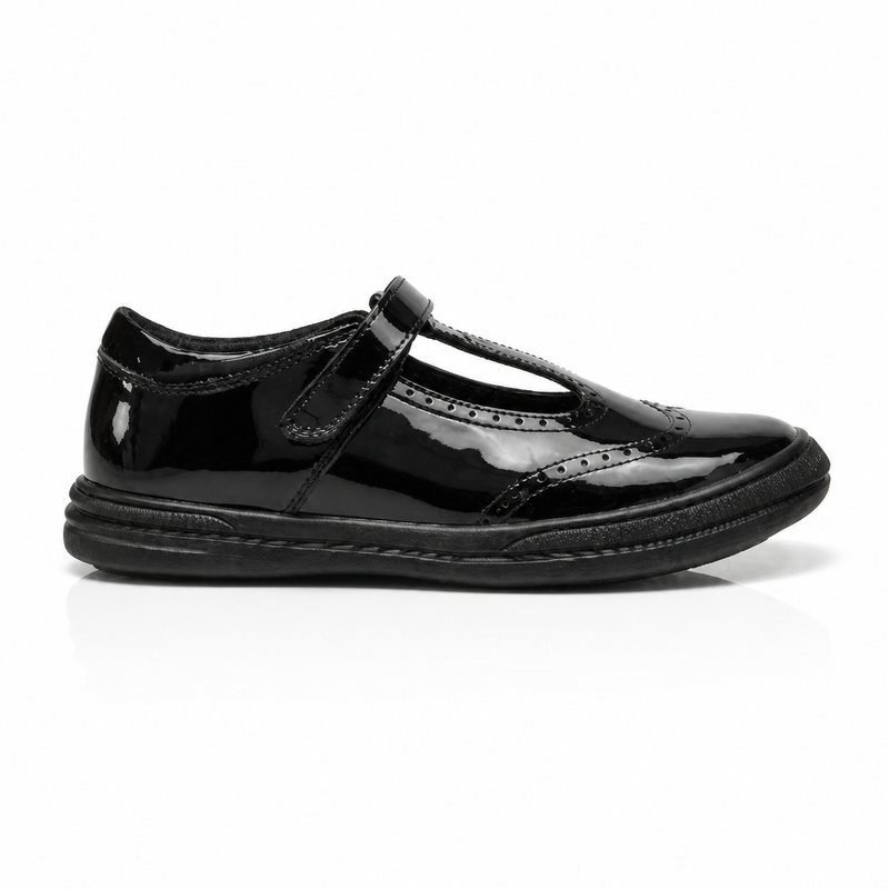 Emeline Girls' Black Patent Touch-Tape T-Bar Brogue School Shoe