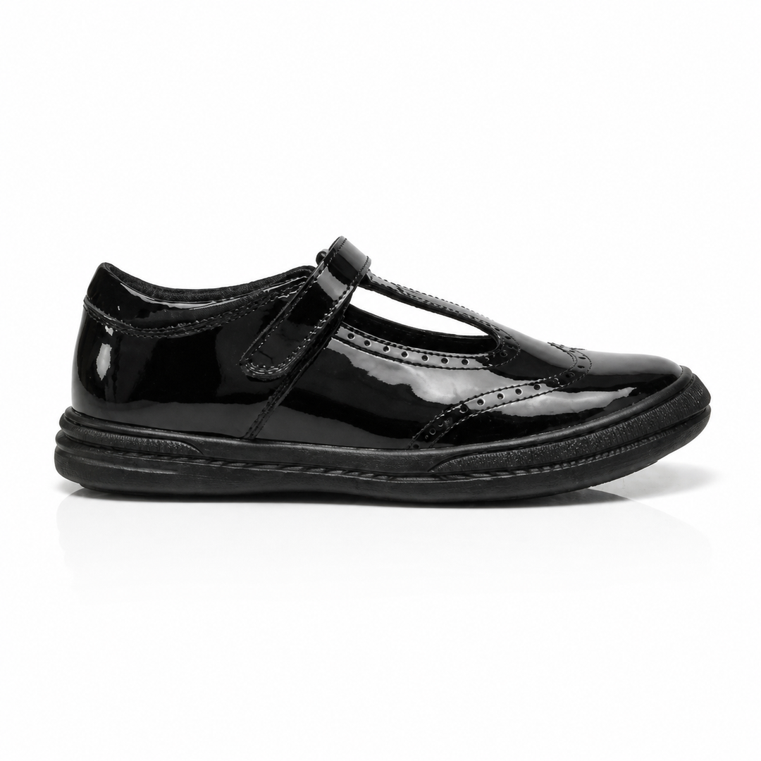 Emeline Girls' Black Patent Touch-Tape T-Bar Brogue School Shoe
