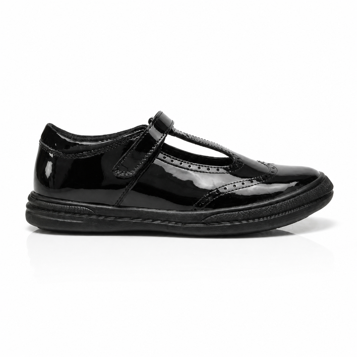 Emeline Girls' Black Patent Touch-Tape T-Bar Brogue School Shoe