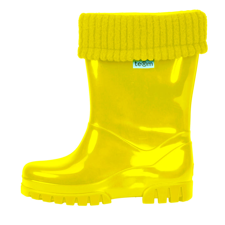 Side of kids yellow wellington boot with fitted sock